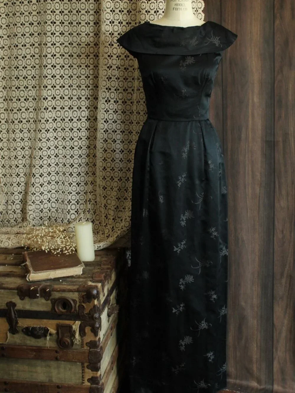 Vintage 1960s Dress, Black Satin Brocade Gown, Portrait Neckline Wiggle Style - Picture 2 of 13